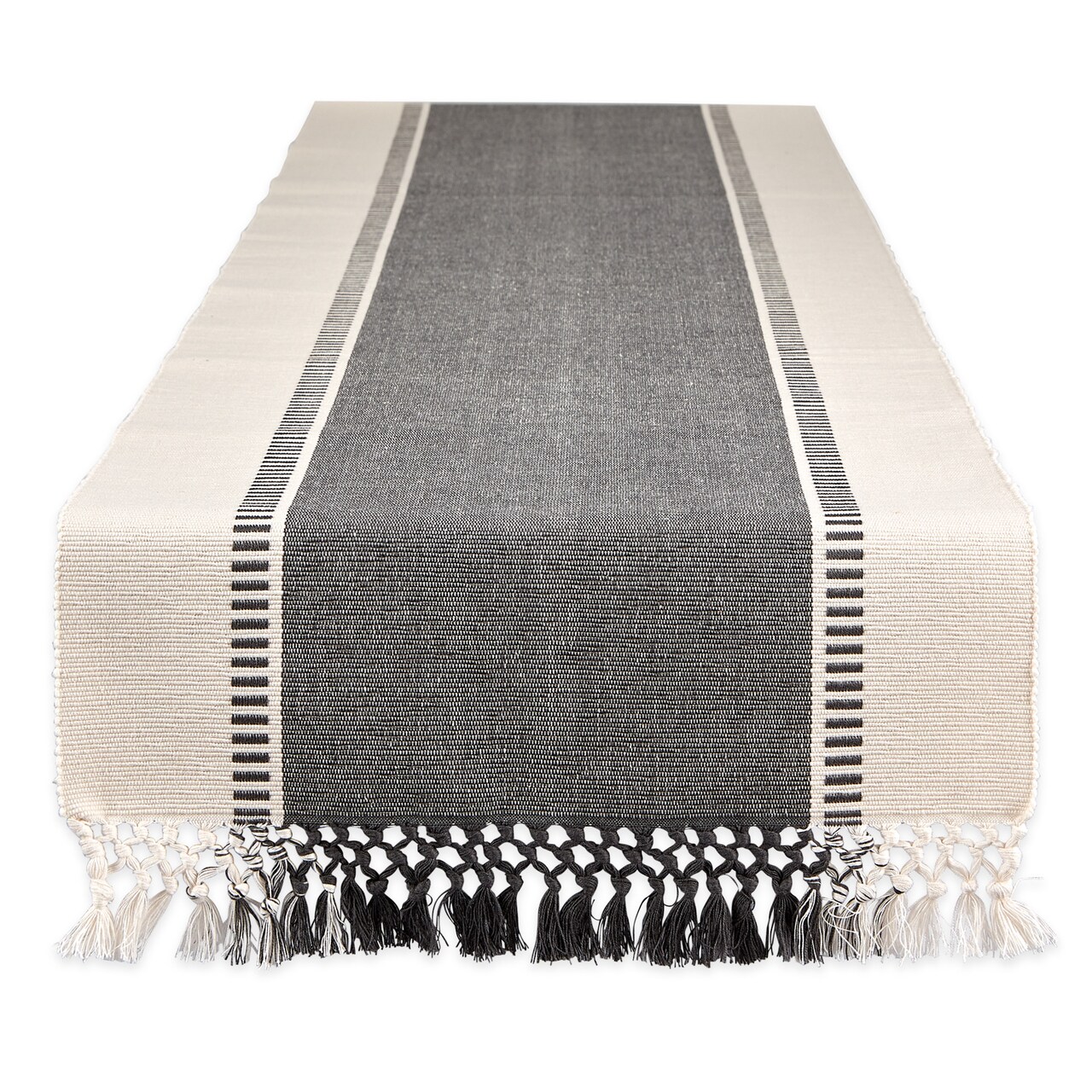 Contemporary Home Living Dobby Striped Cotton Table Runner with Tassels - 108" - Tan and Black
